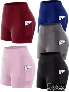 5-piece Women's High-waisted Tummy-reducing Sports Shorts | Women's Breathable Cycling Pants With Pockets for Fitness and Running, Quick-drying Opaque Outdoor Sports Shorts, Sweat-absorbing Shorts, Elastic Fabric Comfortable Shorts