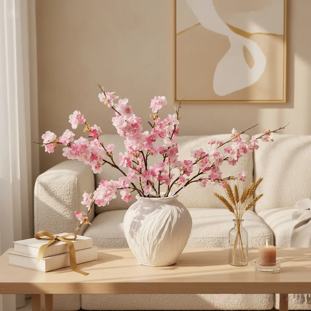 Japanese Cherry Blossom Artificial Flowers Faux Sakura Branches for Entryway Decor Living Room Centerpiece Luxury Floral Arrangements Silk Material Decorative Ornaments
