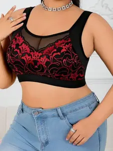 Gold Leaf Lace Patchwork Plus Size Wireless Bra - Soft & Skin-Friendly