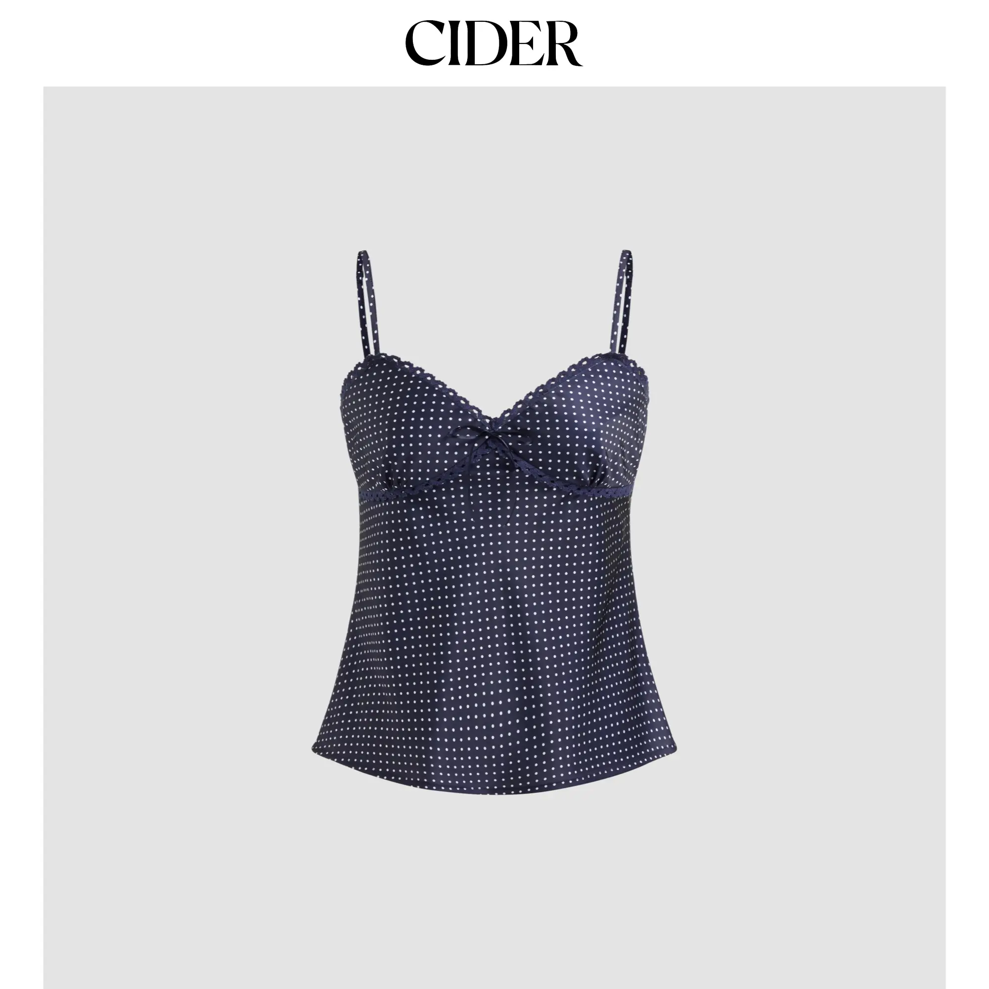 Cider Women's Sleeveless Polka Dot Style Cami Tank Top - Sweetheart Neckline, Lace Trim, Knotted Detail, Spaghetti Strap, Fitted, Woven Polyester