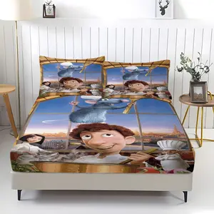 3-Piece Ratatouille Pattern Bedding Set, Bed Sheets Set, Comfortable Printed Design, Includes 1 Fitted Sheet & 2 Pillowcases, Non-Slip, Perfect Gift