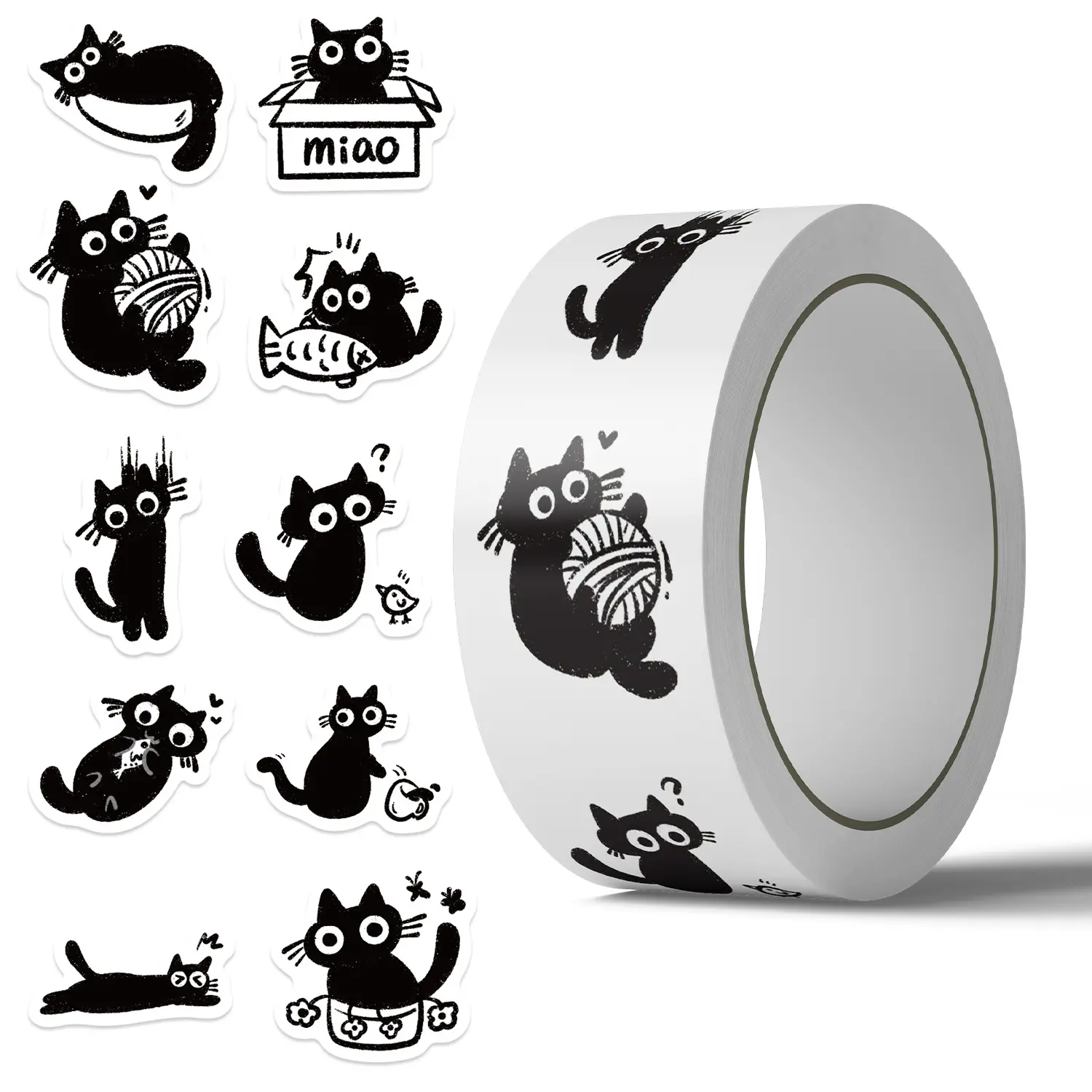 500 Sheets/roll of Adhesive Tape, Cartoon Black Cat Tent, Roll Up ...