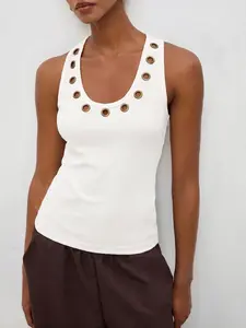 Women's Ribbed Slim Fit Tank Top, Bronze Color Metal Eyelets, Minimalist Fashion for Adults, Office Commute, Casual Daily Wear