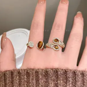 2026 New Women's Snake Motif Tiger's Eye Alloy Ring Vintage Unique Design High-End Light Luxury Adjustable Open Band Statement Jewelry