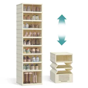 SONGMICS Foldble Shoe Storage Organizer for Closet, Stackable Sneaker Cabinet with Magnetic Door, Large Plastic Container Bins for Living Room, Entryway