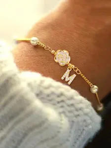 Women's Elegant Rose Pendant Bracelet, Bead Chain, Zircon Letter Design, All Seasons Jewelry Gift