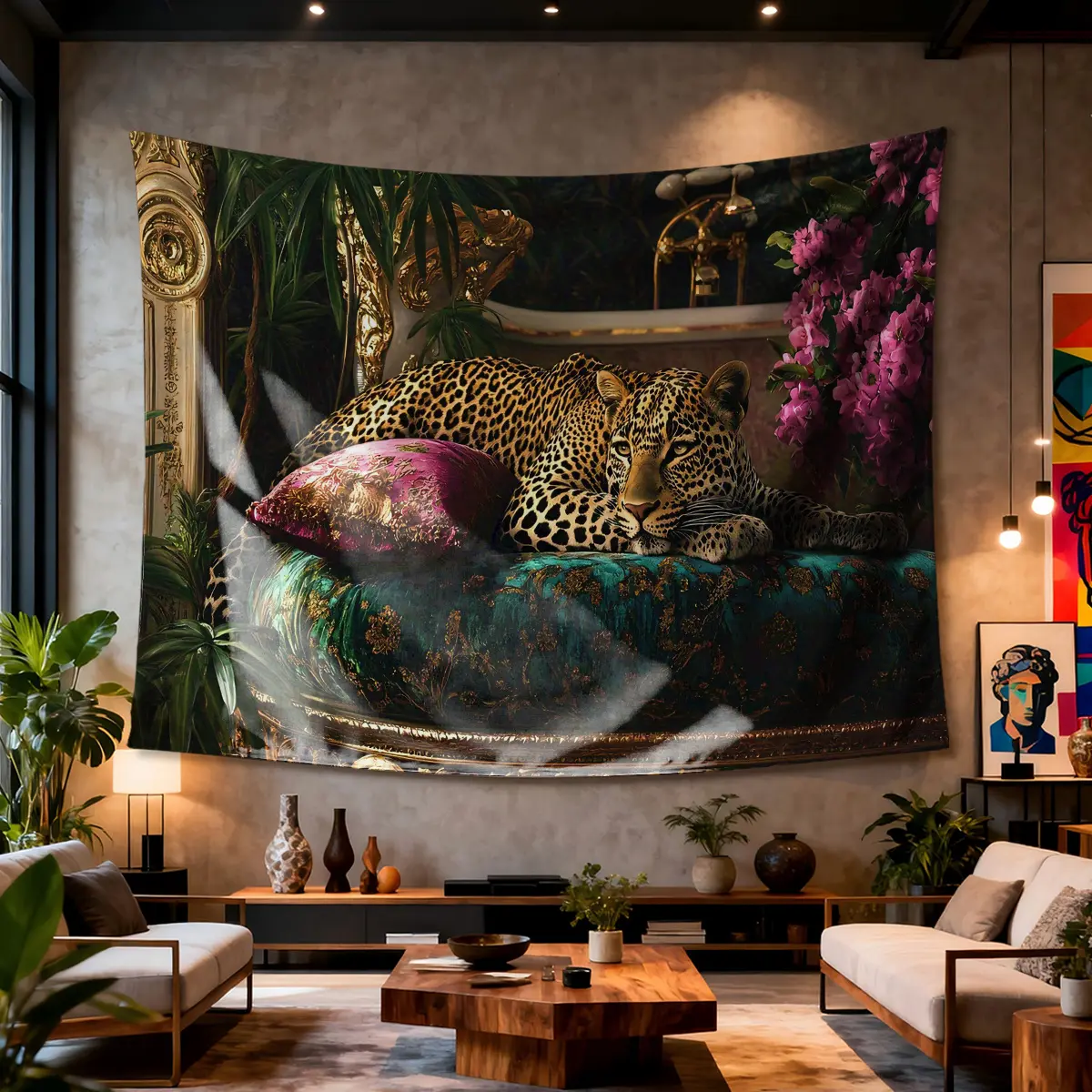 Leopard on Luxury Cushion Digital Printing Polyester Wall Hanging - Home Decor, Room Decor, Tapestry Wall Mural, Luxury Theme for Living Rooms, Bedrooms, Rectangle Form