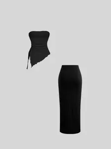 Elegant and fashionable ladies strapless Sleeveless waist vest with skirt and long skirt suit