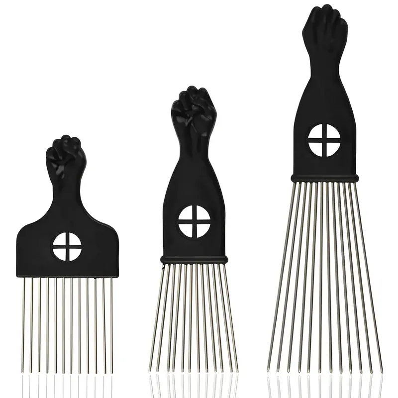 3-Piece Stainless Steel Afro Hair Pick Set, Fist Design for Men & Women, Perfect for Natural Curly Afro Hair, Essential Hairdressing Styling Tool