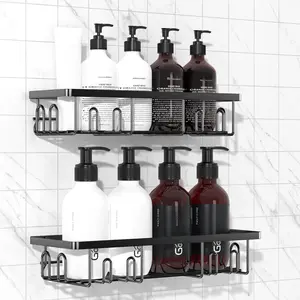 Shower  Adhesive, Rustproof Shower Shelves for Inside Shower, Large Capacity Bathroom Organizers and Storage, Shower Storage with Removable Hooks, No Drill Bathroom Accessories Black
