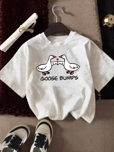 Heart Goose Print Breathable Casual T-Shirt, Loose Fit Short Sleeve, Comfortable Cotton Fabric, Perfect for Home, Daily, Couples' Date