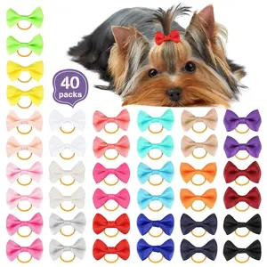 40pcs(20pairs) Puppy Yorkie Dog Hair Bow Pure Ribbon with Rubber Band 40mm, Mix Colors Varies Patterns Pet Grooming Products (Pure Color Bows)