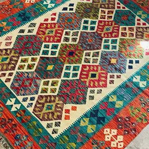 BRAND NEW Rainbow Kilim Rug 187 × 149 cm Handwoven Wool with Fiery Orange Red Teal Navy Lime Purple Pink Colors Reversible Hand-Tied Fringe for Small Living Rooms Bedrooms or Entries