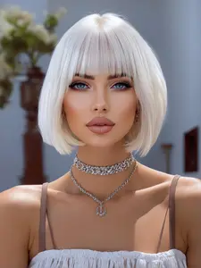 12 Inch Short White Straight Wigs for Women, Gorgeous Fluffy Natural Looking Wigs with Bangs, Synthetic Full Machine Wigs for Party, Daily Use