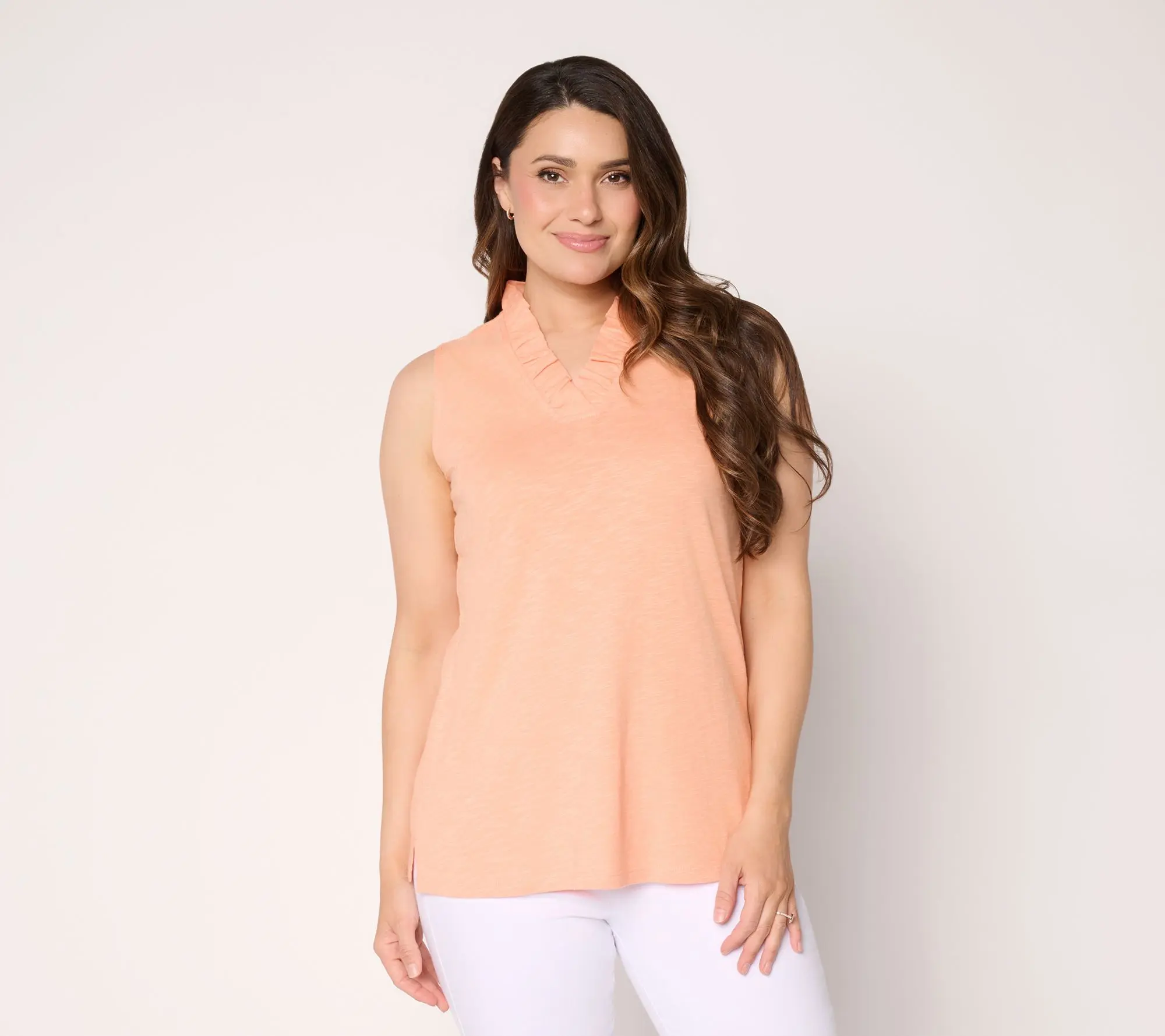 Denim & Co. Linen Slub V-Neck Sleeveless Top w/ Ruffle Trim