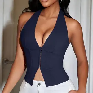 Y2K V-Neck Grommet Eyelet Front Split Irregular Hem Corset Shapewear Boned Crop Halter Summer Tops