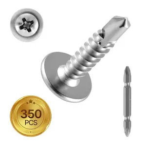 VEVOR #8 Self Drilling Wood Screws, 3/4 Inch Long 350 PCS Truss Head Wood Screws, Phillips Drive Quick Metal Self Tapping Screw, Stainless Steel and Full Thread, Screwdriver Bit Included, Silver