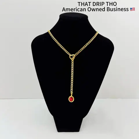 Crimson Gem Heart Gold Slip Chain Jewelry Necklace, Adjustable Durable Thick Chain for Couples, Gf, Bf, Fashion Jewelry for Alternative Women & Men, Gothic Girl Chain Daily Collar Necklace, Altfashion Necklace with Pull Chain