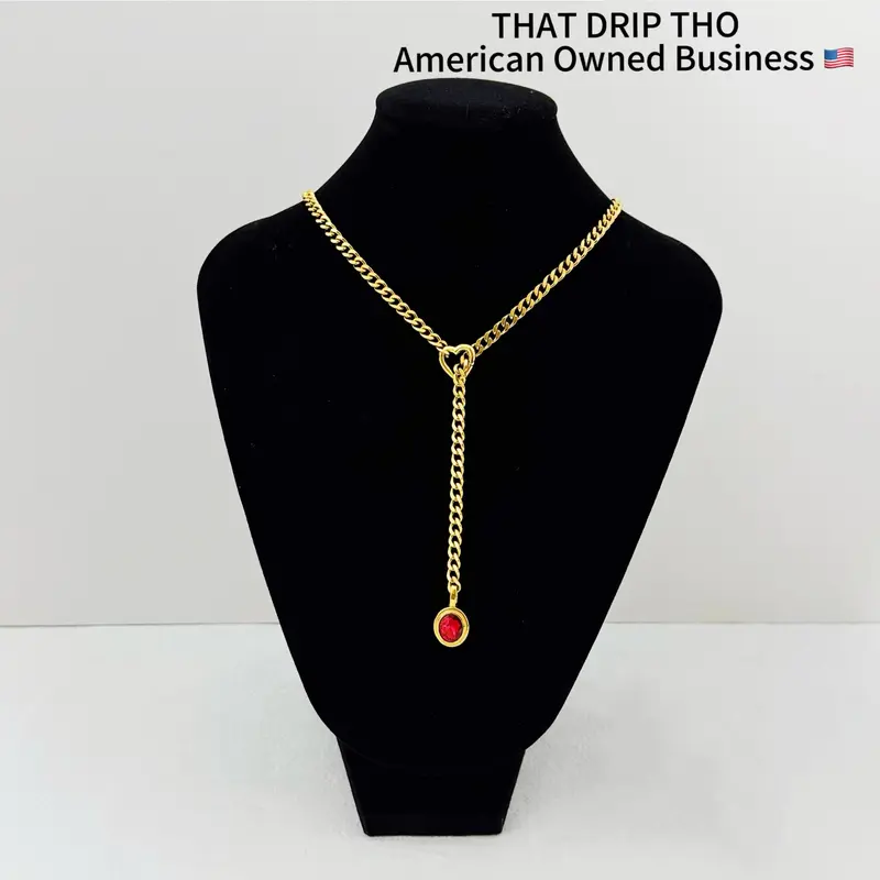 Crimson Gem Heart Gold Slip Chain Jewelry Necklace, Adjustable Durable Thick Chain for Couples, Gf, Bf, Fashion Jewelry for Alternative Women & Men, Gothic Girl Chain Daily Collar Necklace, Altfashion Necklace with Pull Chain