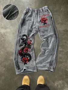 Men's Deep Cotton Sport Pants, Rose and Snake Print, Street Style, Drawstring Waist, Casual Wear, Ideal Gift, Retro Fashion