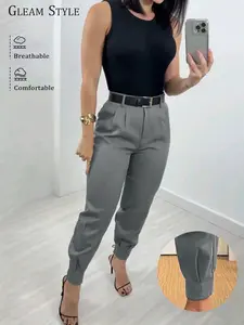 Women's Plain Basic Fitted Long Pants Trouser, Casual Work Pants, Casual Commuter Wear, Casual Comfy Pants, Casual Spring & Fall Wear, Simple Career Style, Ideal for Daily Use, Comfortable All-Season Garment, Casual Fitted Bottoms