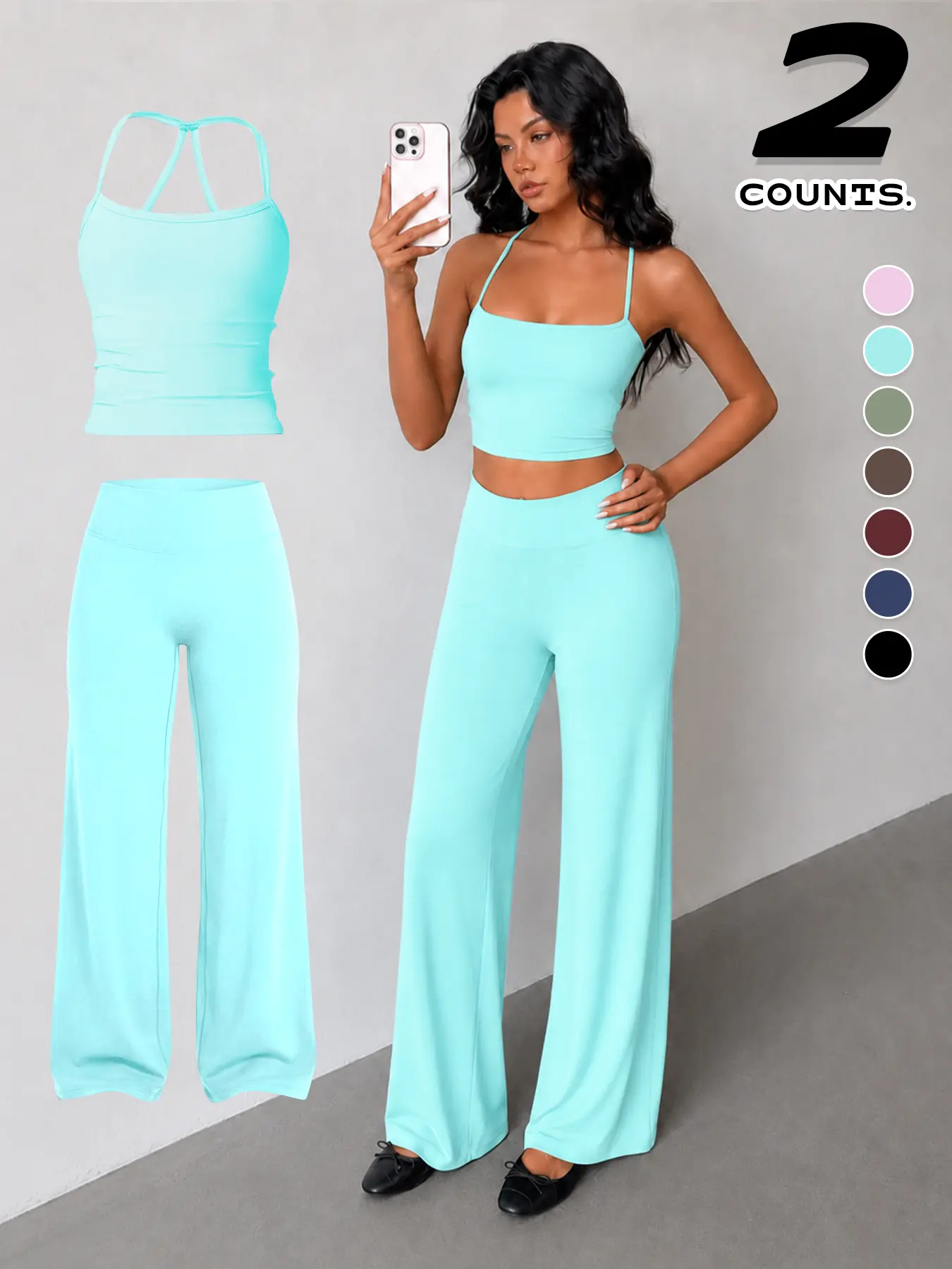 Women's Chic 2-Piece Lounge Set, Light Blue Solid Outfit with a Strappy Back Crop Top and High Waist Wide Leg Pants for Workouts, Short, 2 Piece Sets, Activewear, Style, Gym Sets, Women's Clothes