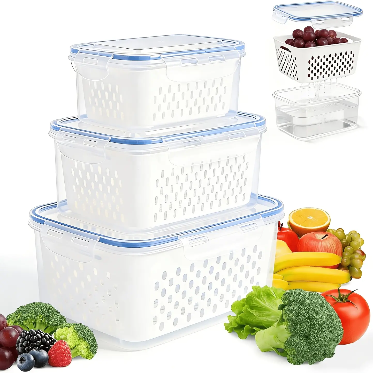 9-piece agricultural product refrigerator storage container, stackable fruit and vegetable storage box with drain basket and lid, reusable refrigerator organizer, suitable for lettuce, strawberry, grape, and kitchen storage