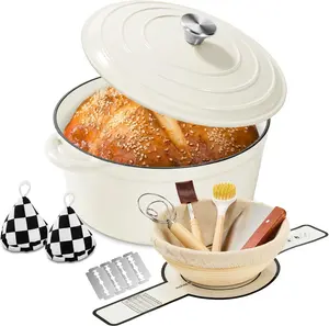 Enameled Cast Iron 6.5 QT Dutch Oven with Lid - Heavy Duty Cookware for Baking Sourdough Bread, Stews, Roasting, Includes Banneton Proofing Basket Baking Supplies, Cream White