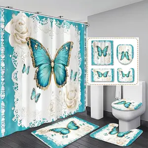 Elegant Butterfly & Floral Shower Curtain Set, Bathroom Shower Equipment, Waterproof Polyester, Includes Hooks, Toilet Lid Cover, Mat, Home Decor, Holiday Gift