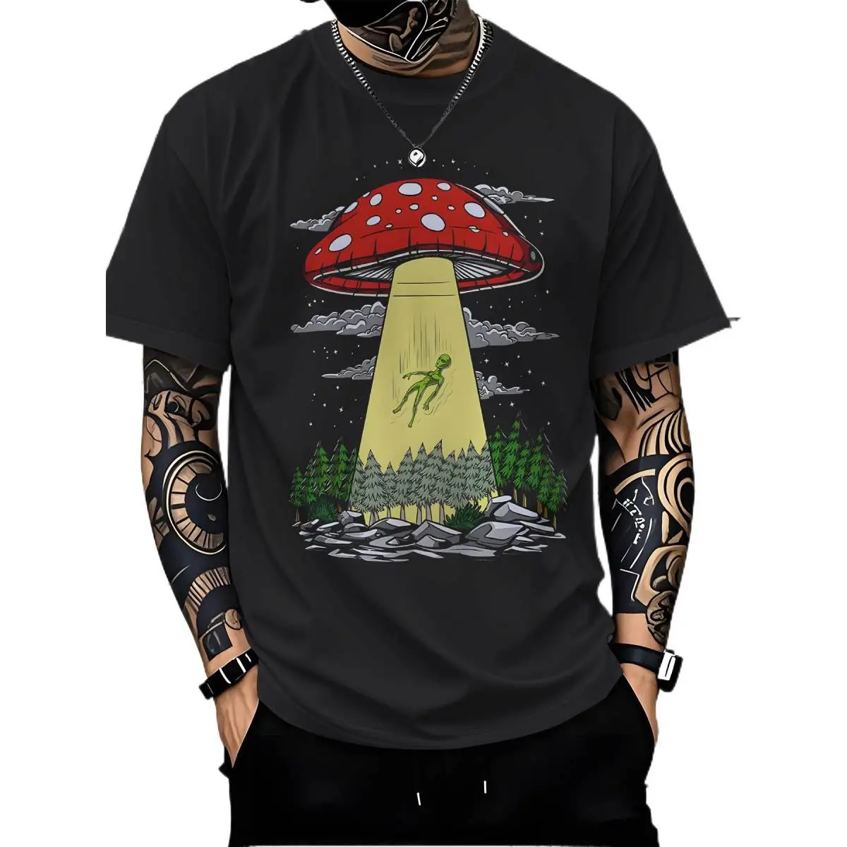 Menswear Stylish Cotton Fabric T-Shirt - Men's Streetwear Short-Sleeve, Relaxed-Fit Crew Neck Tee with Geometric Graphic Print, Ribbed Hem, Soft, Top, Shortsleeve, Casual