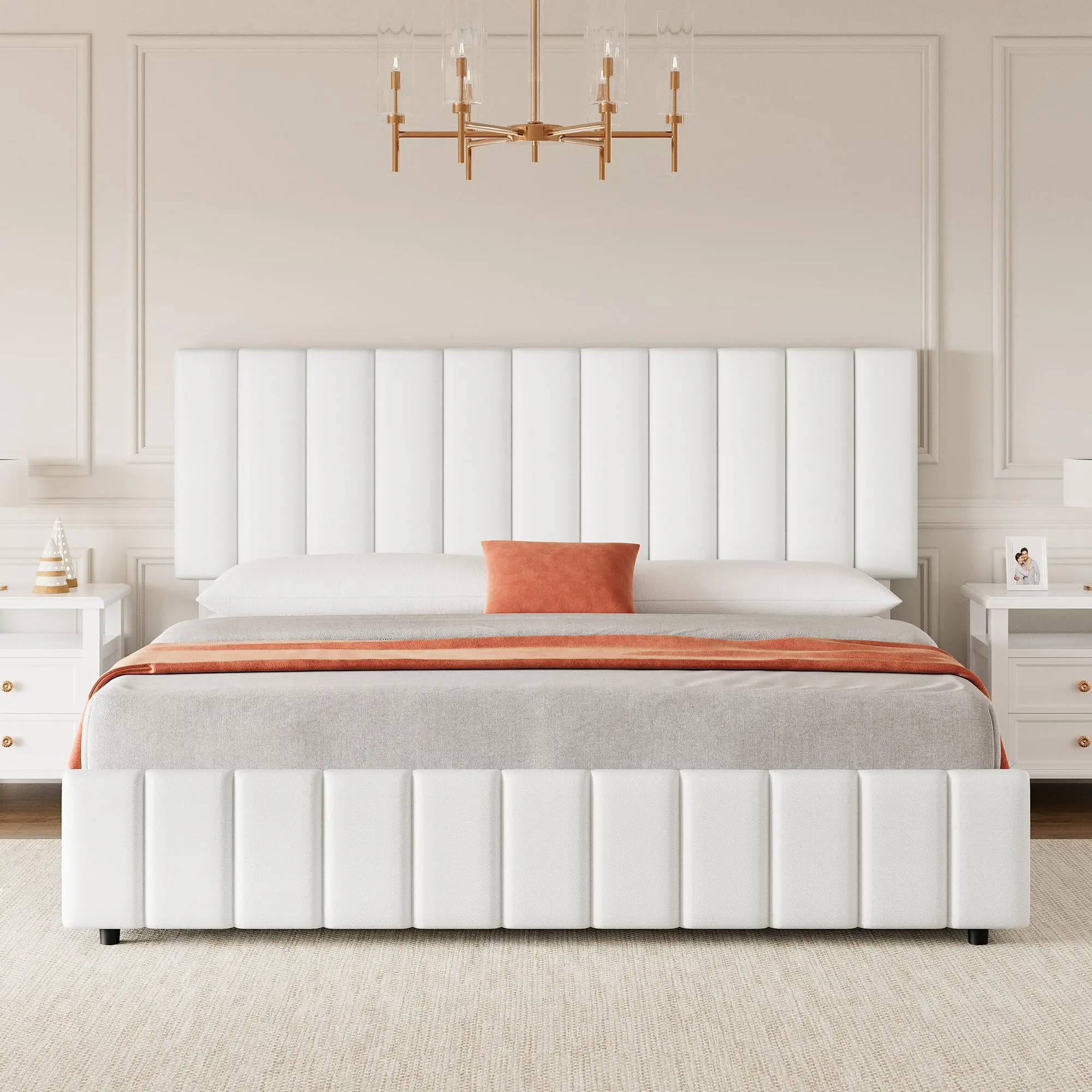Garvee Multi-Size Upholstered Platform Bed Frames with 4 Storage Drawers, Adjustable Headboards, Wooden Slats Support, Noise-Free, No Box Spring Needed, Easy Assembly in Various Colors (White, Grey, Black)