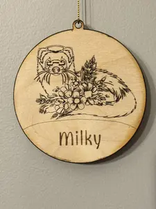 Personalized Laser Cut Ferret Ornament - Custom Name Milky with Ferret & Floral Design Wooden Decoration 3" Diameter Birch Wood