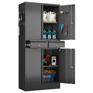 Aobabo 71" H×30" W×15" D Metal Storage Cabinet with 2 Drawers, Locking Steel Storage Cabinet with 2 Adjustable Shelves and 8 Hooks for Garage, Office, Black, Assembly Required