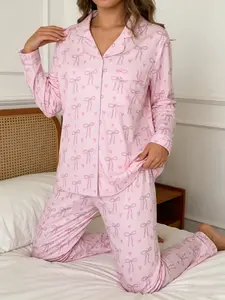 Women's Heart Bow Print Cute Pink Pajama Set Long Sleeve Stretchy Button-Up Top and Pants Womenswear Soft Breathable Casual Two-Piece Sleepwear Loungewear Homewear Valentines Day Gift Party Bridesmaid Wedding Morning Galentine's pajamas Mother's Day