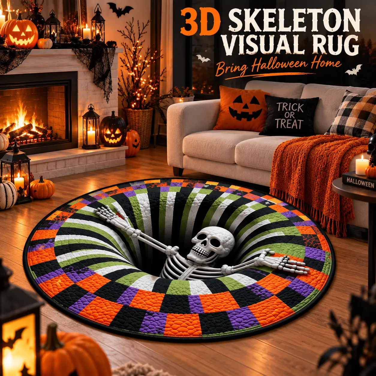 3D Skeleton Optical Illusion Halloween Rug - Non-Slip 3D-Effect Round Fabric Floor Mat, Unique Decor for Living Room, Halloween Party Decorations, Halloween Decorations