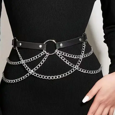 New Waist Chain Decoration PU Fringe Metal Multi-Layer Chains Punk Body Sexy Hollow Out Belt Accessory Body Jewelry