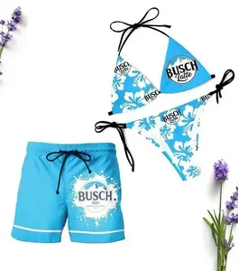 Buschh Latte Blue Swimwear Set for Couples -Swim Bra & Tie Side Bikini + Men's Beach Shorts, Summer Vacation Swimsuit, Hawaiian Shirt Style, Aloha Beach Outfit, Casual Holiday Bathing Suits, Menswear & Womenswear