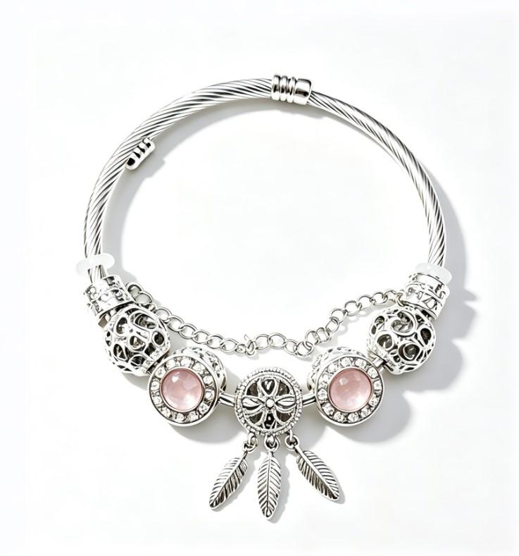 Dreamcatcher Feather Charm Silver Twisted Cable Bangle, Pink & Blue Crystal Rhinestone Hollow Bead Bracelet, Luxury Jewelry Gift for Women Dreamcatcher Feather Charm Silver Twisted Cable Bangle, Pink & Blue Crystal Rhinestone Hollow Bead Bracelet, Luxury Jewelry Gift for Women