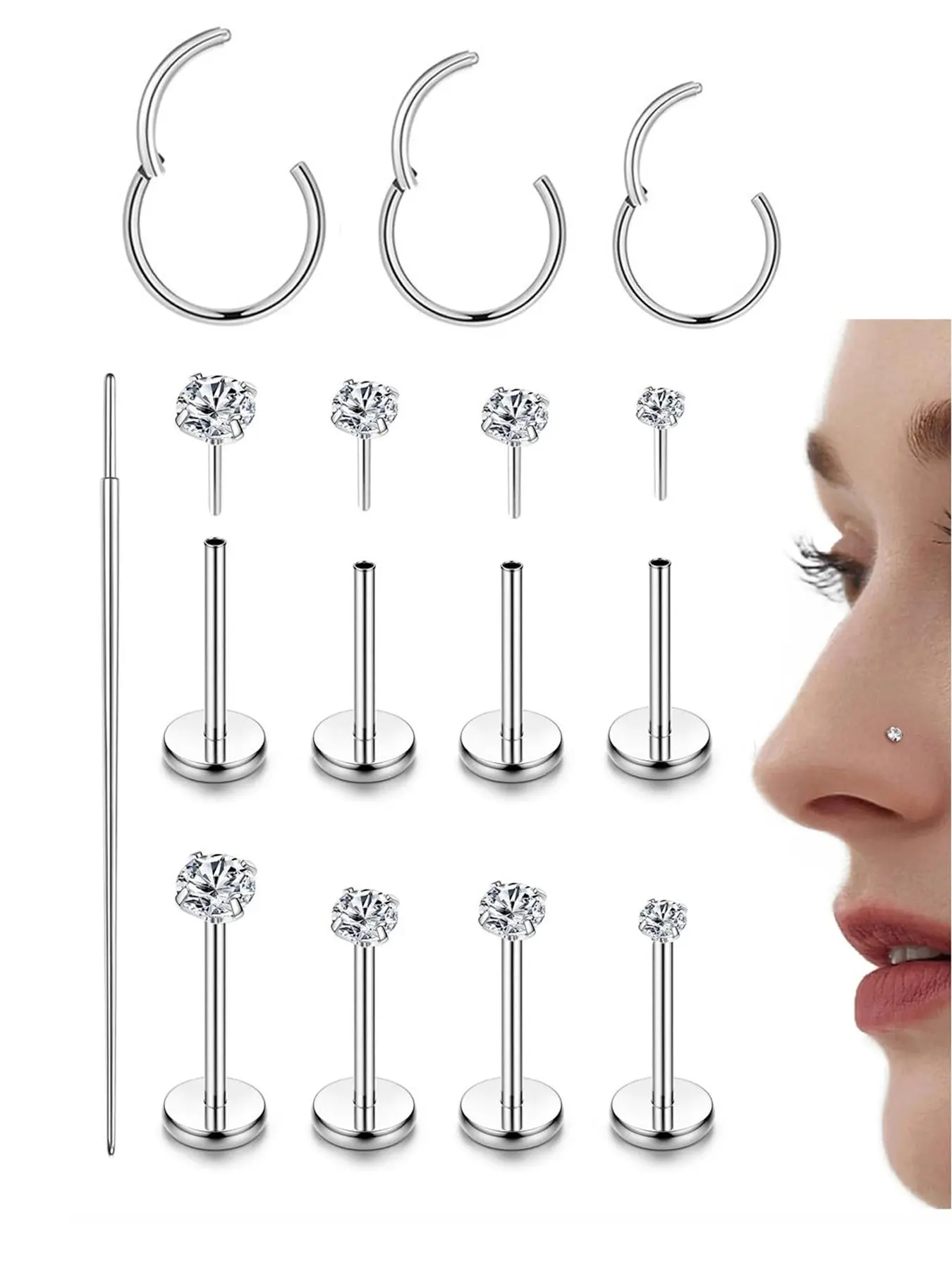 Stainless Steel Nose Ring, Hinged Nose Ring, Rhinestone Nose Ring, Nose Rings Hoops, Body Piercing Jewelry, Body Jewellery, Nose Piercing Jewelry for Women & Men, Jewelry for Party, Daily Clothing Decor, Jewelry for Birthday Gift, Mom Gifts