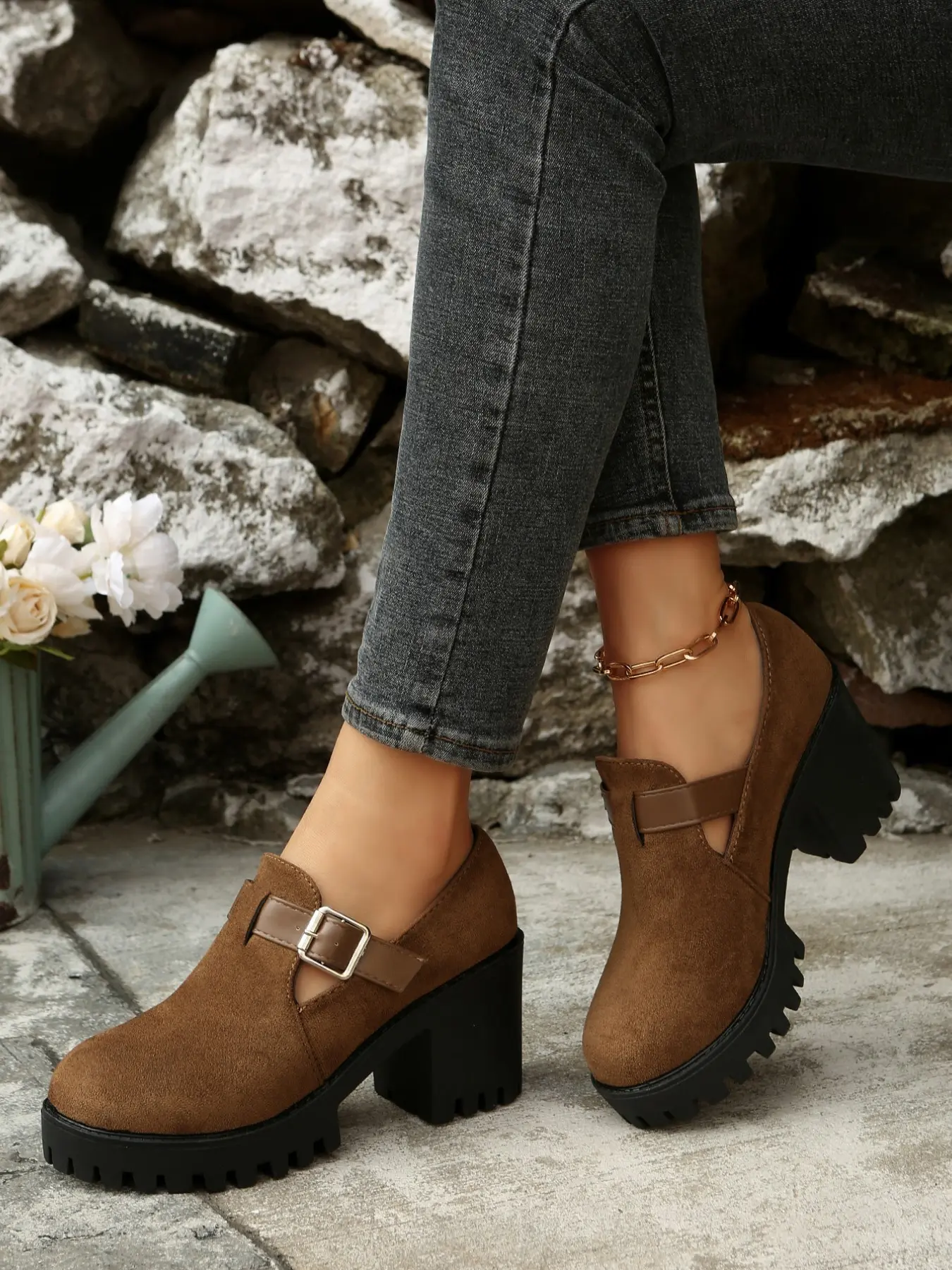 Women's Velvet Chunky Heel Platform Mary Jane Casual Fashion Shoes, Vintage Sweet Cool Style, All-Season Versatile Height Increase, Comfortable for Commuting/everyday Wear