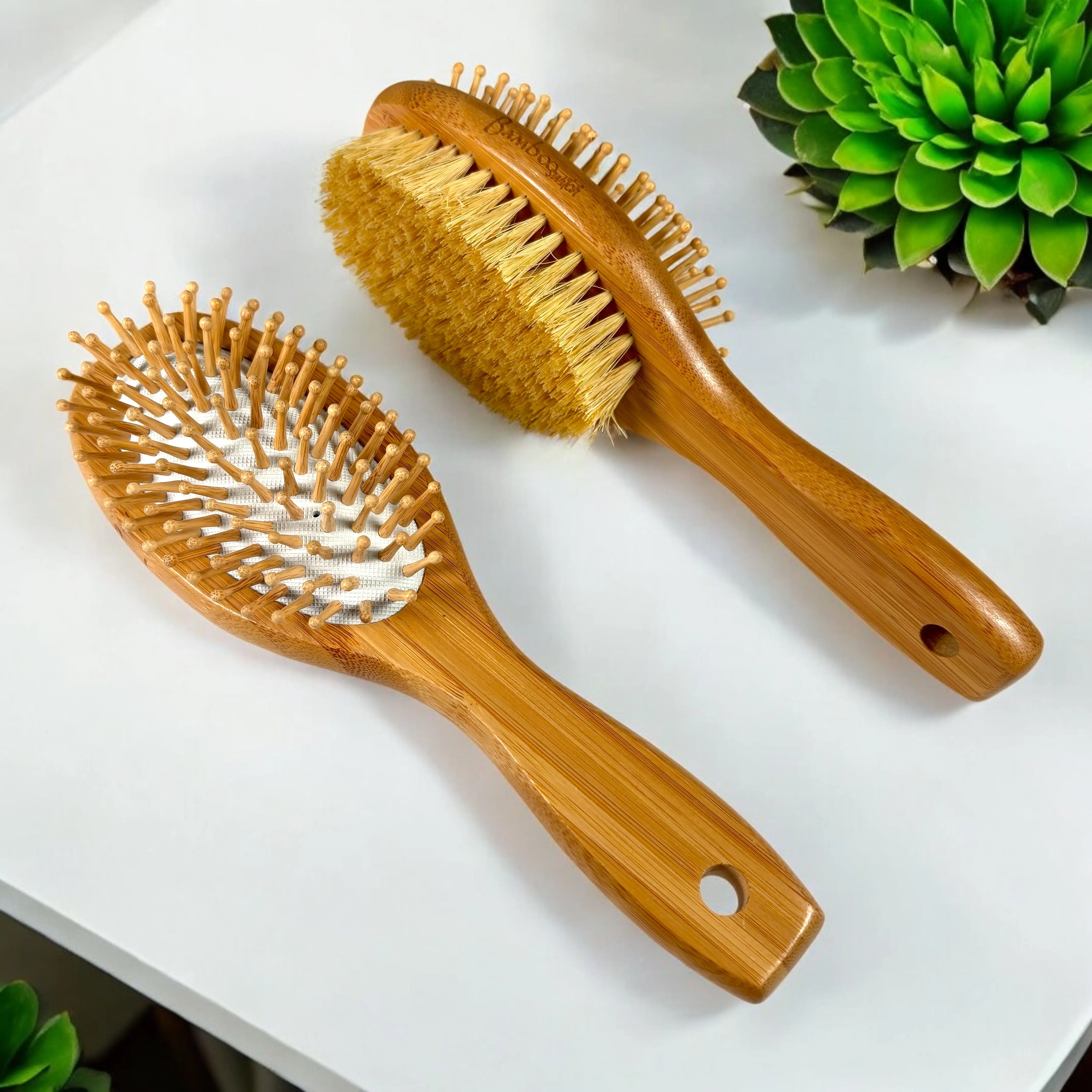 Bamboo Double-Sided Hair Brush - Eco-Friendly Grooming Tool with Rounded Bamboo & Sisal Bristles for Gentle Detangling and Oil Distribution
