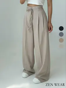 New High Waist Belted Wide Leg Pants Women, Vintage Casual Straight Long Trousers, Retro Style Ladies Fashion Clothing