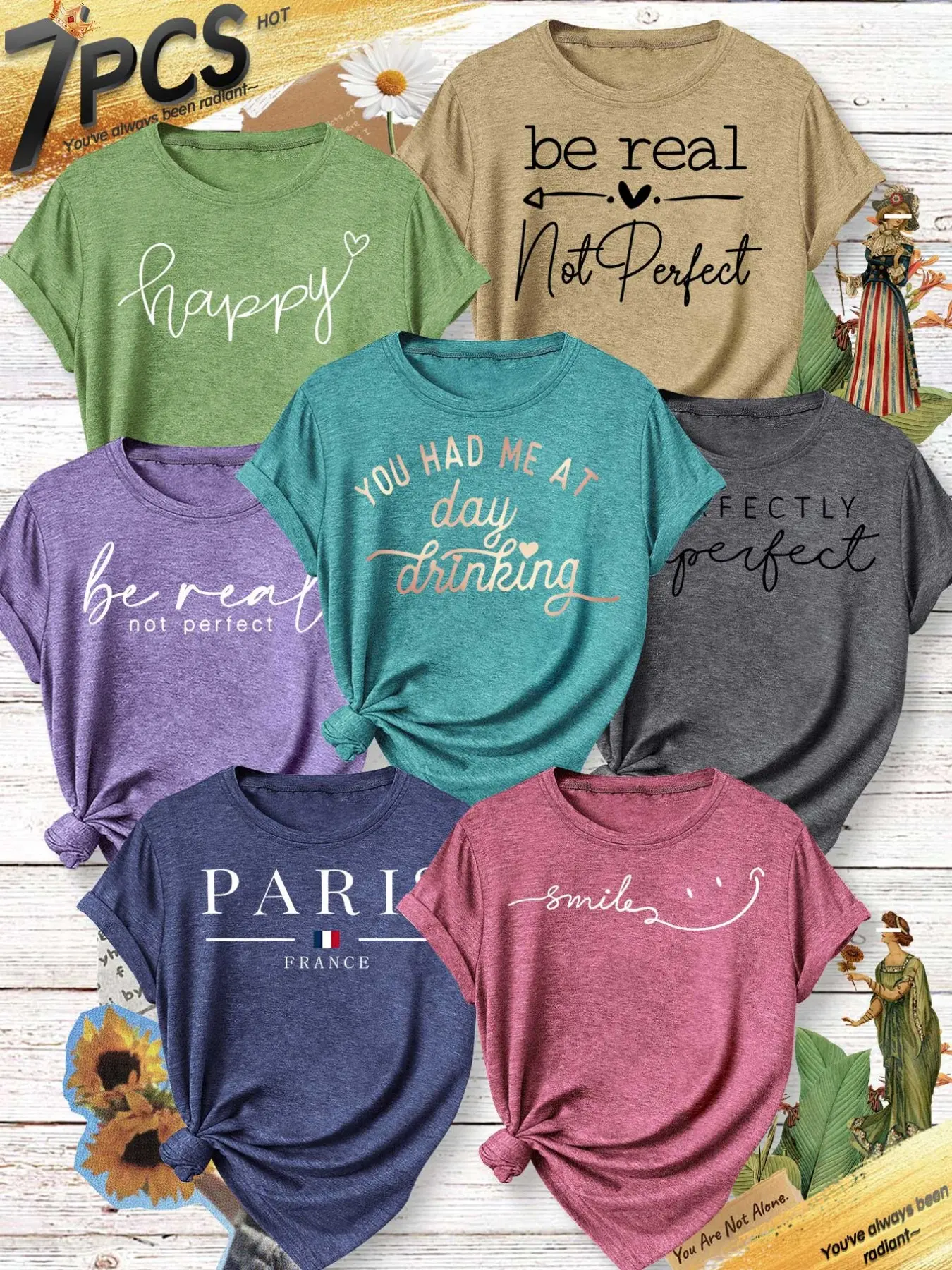 Women's 7-Pack Crew Neck T-Shirts, Inspirational Slogan, "PARIS" & "smile" Print, Multiple Colors Available, Machine Washable, Spring & Summer Top, Soft Skin-Friendly Fabric, Daily Versatile, Fashion Design