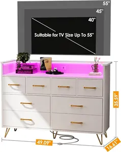 Gaomon Modern White Chest - 8-Drawer Wood Storage Dresser with LED Lighting, Built-In Charging Station, Stylish Design for Bedroom, Entryway Organization