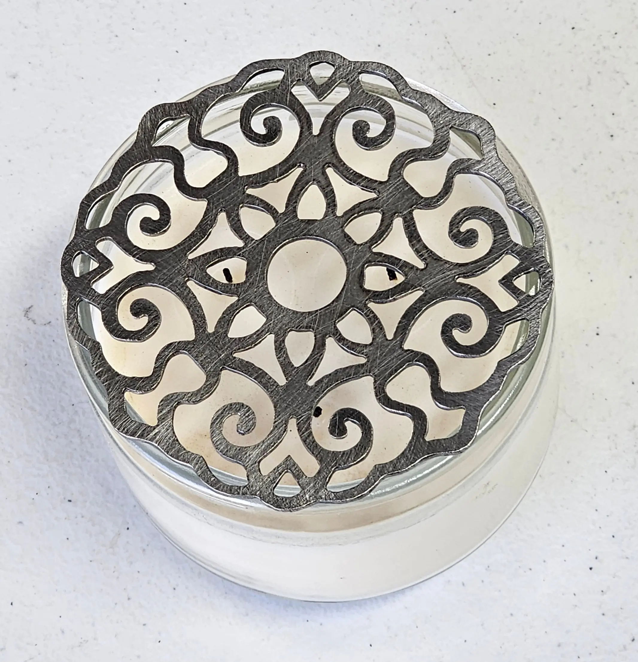 Ornate Vintage Scroll Candle Topper – Helps Prevent Tunneling & Promotes Even Burn |  Filigree Lid for Jar Candles | Raw Metal & Black Ceramic Coated | Multiple Sizes