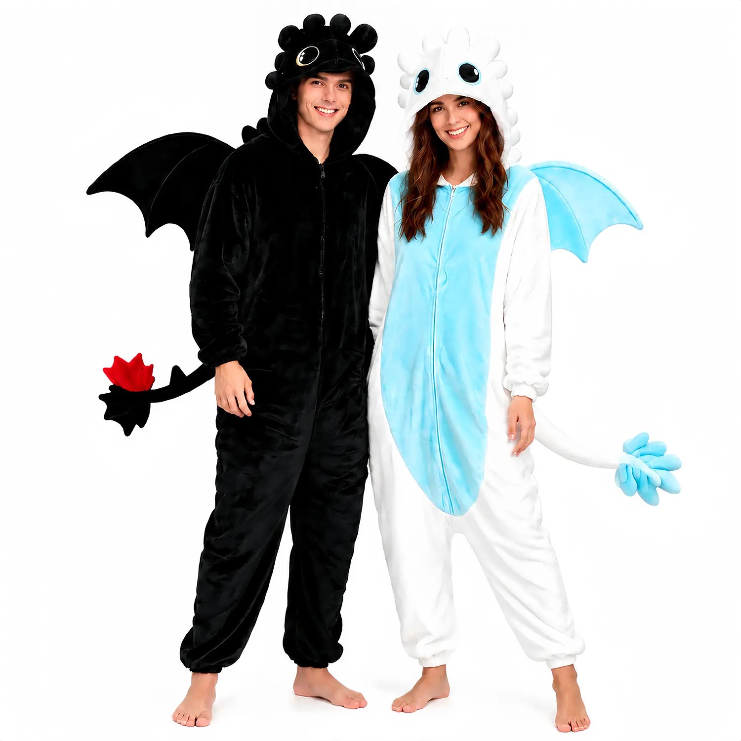 Matching Dragon Onesie Costume for Couples, Black & White Plush Kigurumi Pajamas, Funny Adult Halloween Cosplay Outfit, Cozy Sleepwear