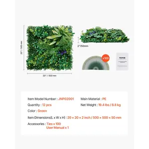 VEVOR Artificial Grass Wall Panels, 12 PCS 20x 20 inch, 3D Combination Greenery Boxwood Panel for Indoor Outdoor Green Decor Ivy Fence Covering, Privacy Backdrop Wall Hedge Screen for Garden