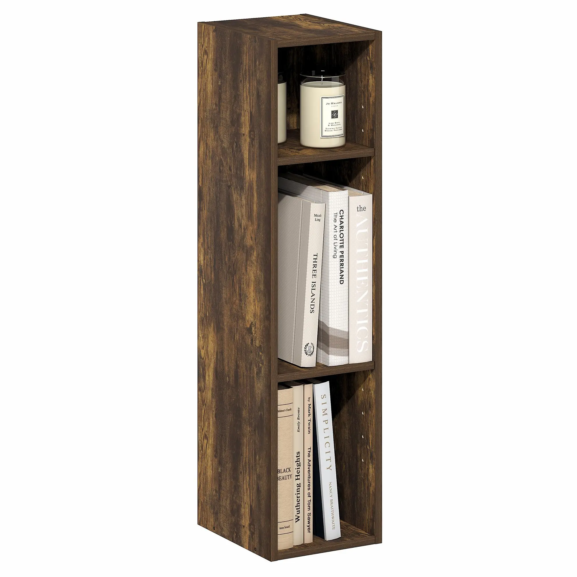 FULDA 3-Tier Narrow Bookshelf - 8-in Width Engineered Wood Book Wall Shelving & Storage, Compact Corner Elevated Shallow Design, 9.3x7.9x31.5 in, for Living Room, Home Office (Amber Pine), Compact Design Shelving & Storage