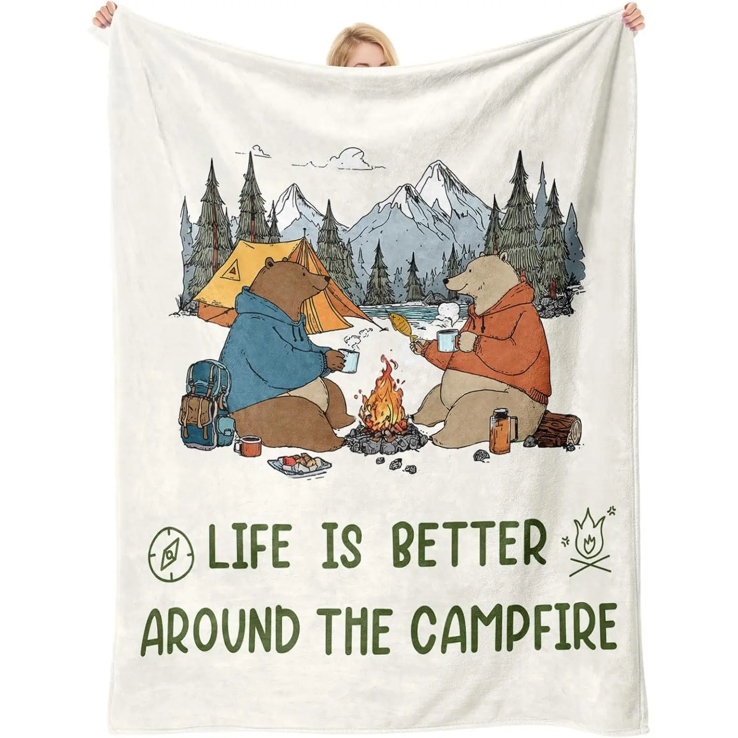 Fleece Camping Blanket 60”×50” - Outdoor, Breathable Lightweight, Cabin, Fuzzy Cozy Blanket, Camping Essential, Unique Gift for Men/Women, Camper Accessory, Holiday & Birthday Decor, Outdoor Blankets, Breathable Lightweight Blankets