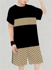 Men's Fashion Patchwork Sports Set, Trendy Printed Short Sleeve Shorts Two-Piece, Summer Comfortable Breathable Casual Style